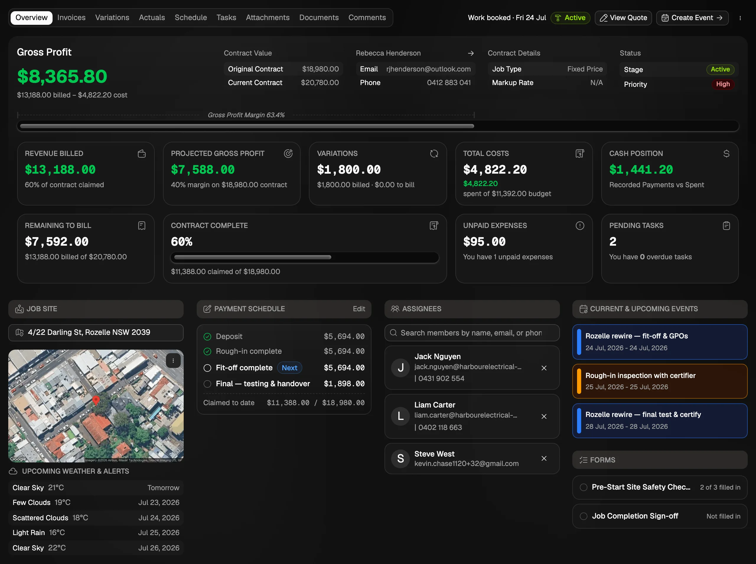 A job in BuildrHub with costing, quotes, invoices and schedule in one place